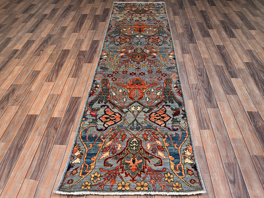 2'8" x 9'9" New Hand Knotted Grey Wool Runner Oriental Rug - MOA1022364