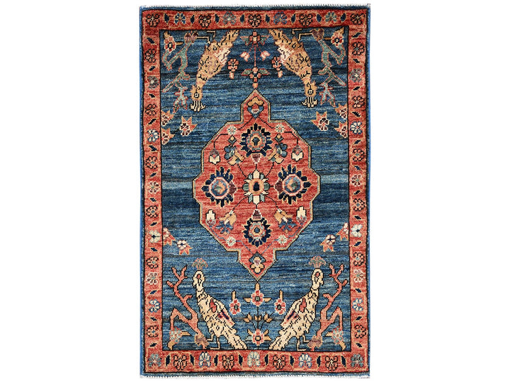 1'11" x 3'2" New Hand Knotted Blue Wool Rectangle Oriental Rug - MOA1022391