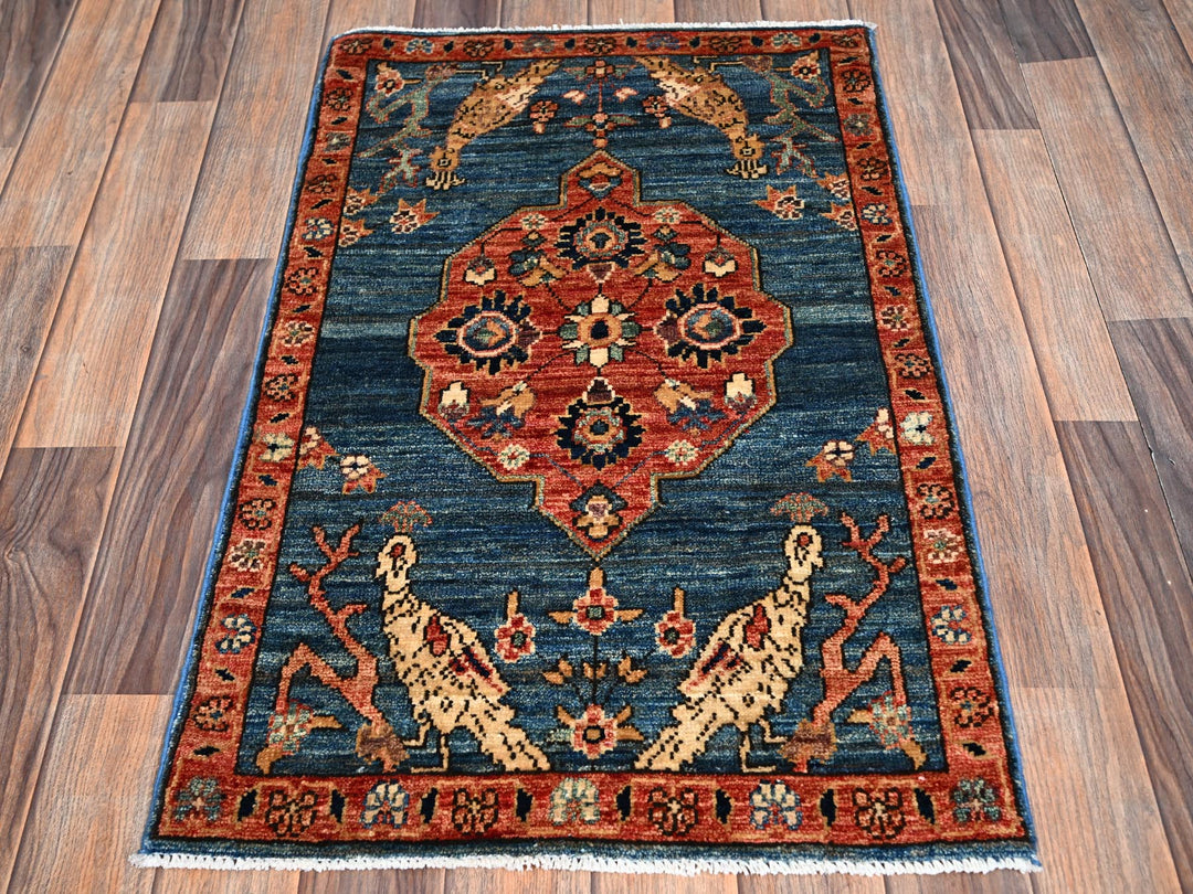 1'11" x 3'2" New Hand Knotted Blue Wool Rectangle Oriental Rug - MOA1022391