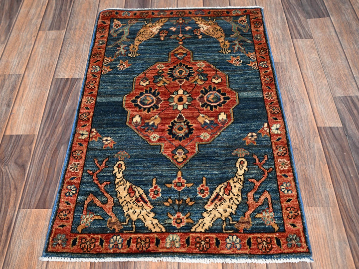 1'11" x 3'2" New Hand Knotted Blue Wool Rectangle Oriental Rug - MOA1022391