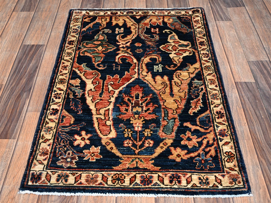 1'11" x 3'0" New Hand Knotted Blue Wool Rectangle Oriental Rug - MOA1022407