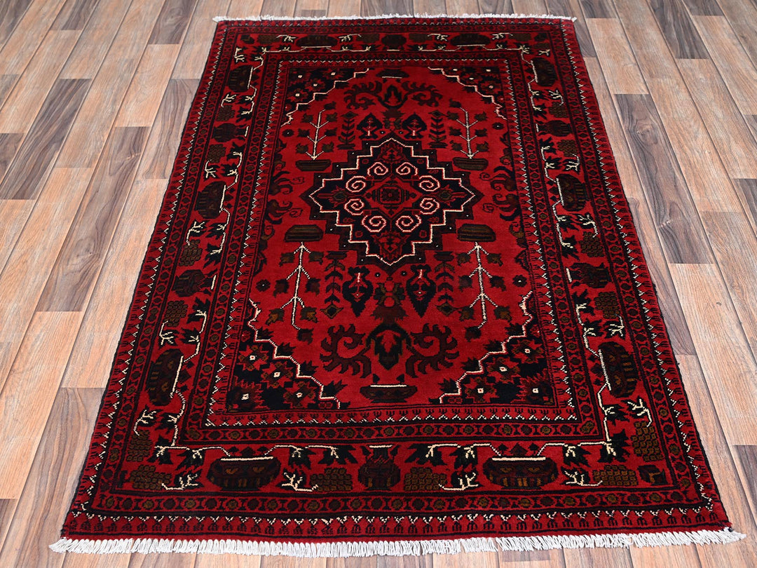 3'3" x 5'1" New Hand Knotted Red Wool Rectangle Oriental Rug - MOA1022448