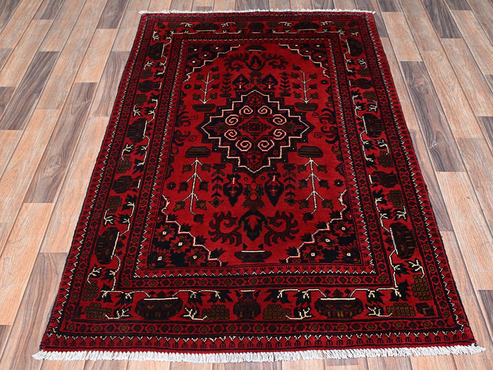 3'3" x 5'1" New Hand Knotted Red Wool Rectangle Oriental Rug - MOA1022448