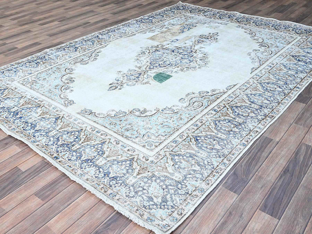 7'2" x 10'1" Vintage Hand Knotted Blue Wool Rectangle Oriental Rug - MOA102250