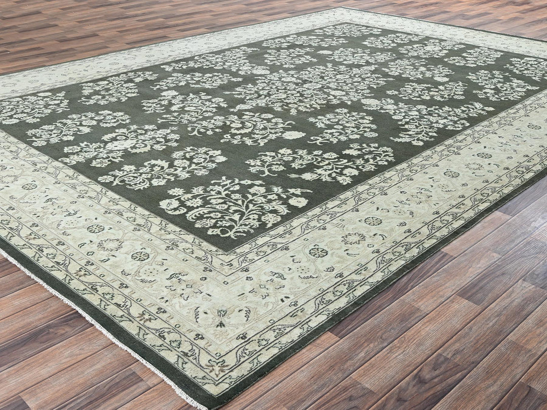 9'8" x 14'2" Vintage Hand Knotted Green Wool Rectangle Oriental Rug - MOA1022529