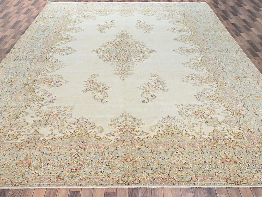 12'3" x 21'1" Vintage Hand Knotted Ivory Wool Rectangle Oriental Rug - MOA1022532