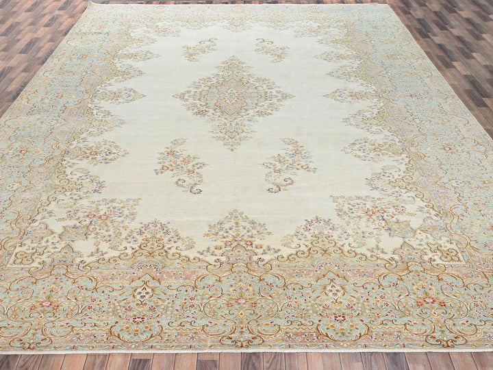 12'3" x 21'1" Vintage Hand Knotted Ivory Wool Rectangle Oriental Rug - MOA1022532