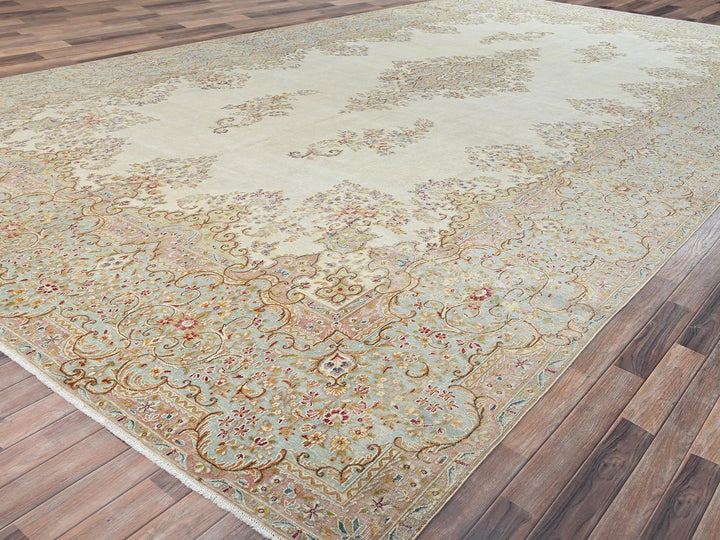 12'3" x 21'1" Vintage Hand Knotted Ivory Wool Rectangle Oriental Rug - MOA1022532