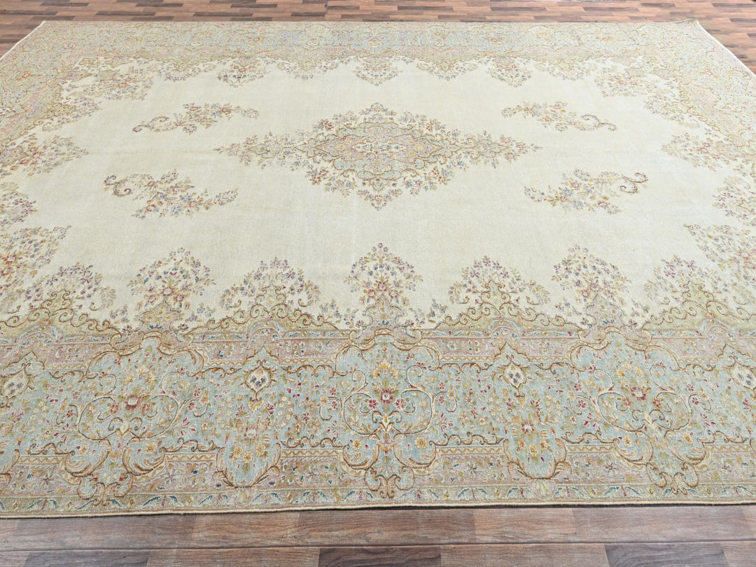 12'3" x 21'1" Vintage Hand Knotted Ivory Wool Rectangle Oriental Rug - MOA1022532