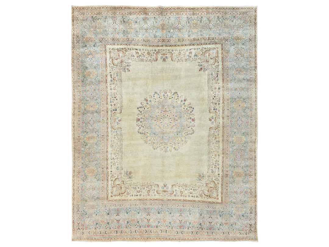 9'3" x 11'9" Vintage Hand Knotted Ivory Wool Rectangle Oriental Rug - MOA1022535