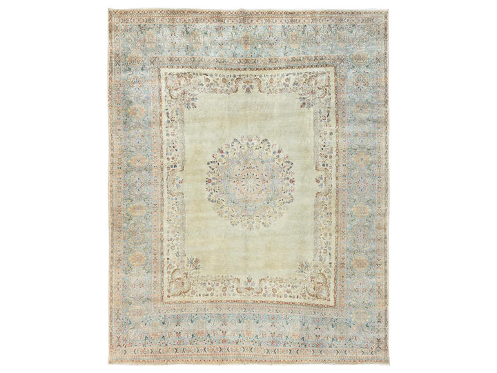9'3" x 11'9" Vintage Hand Knotted Ivory Wool Rectangle Oriental Rug - MOA1022535