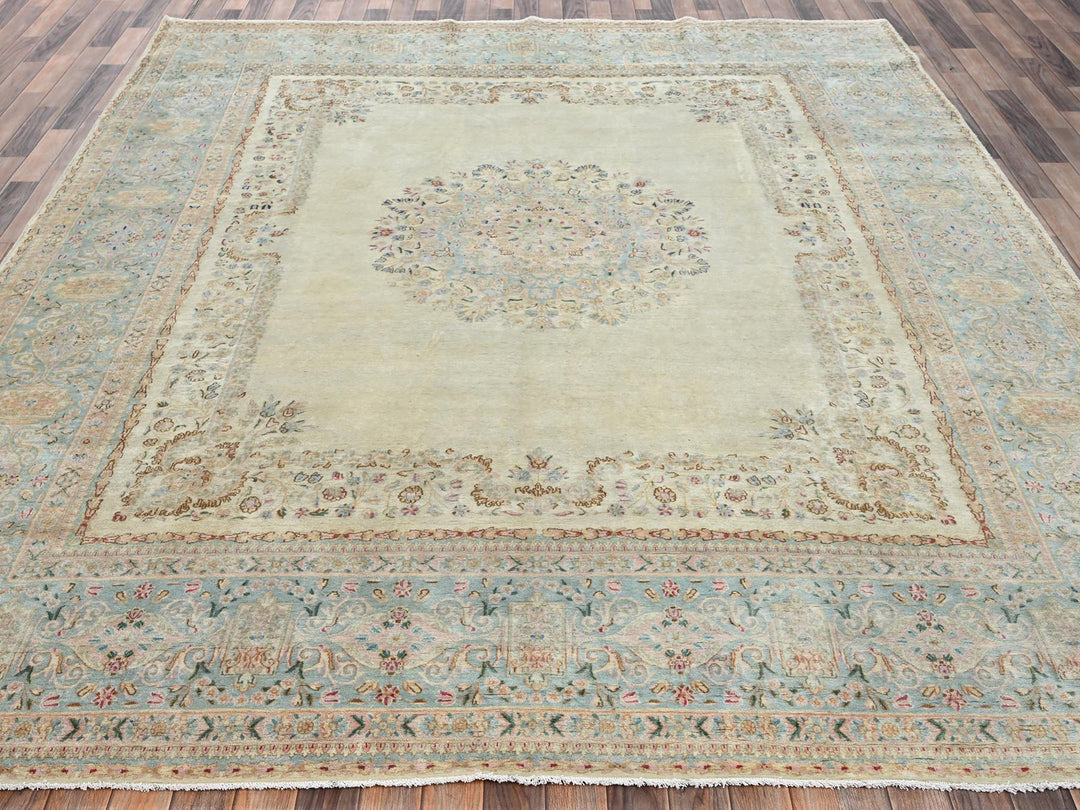 9'3" x 11'9" Vintage Hand Knotted Ivory Wool Rectangle Oriental Rug - MOA1022535