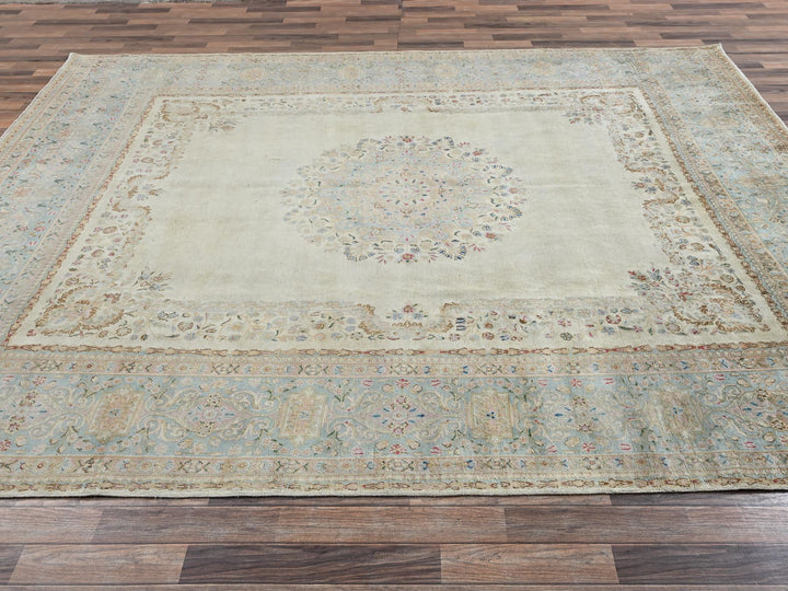9'3" x 11'9" Vintage Hand Knotted Ivory Wool Rectangle Oriental Rug - MOA1022535
