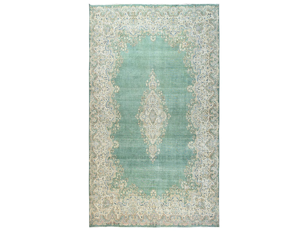12'3" x 21'2" Vintage Hand Knotted Green Wool Rectangle Oriental Rug - MOA1022538