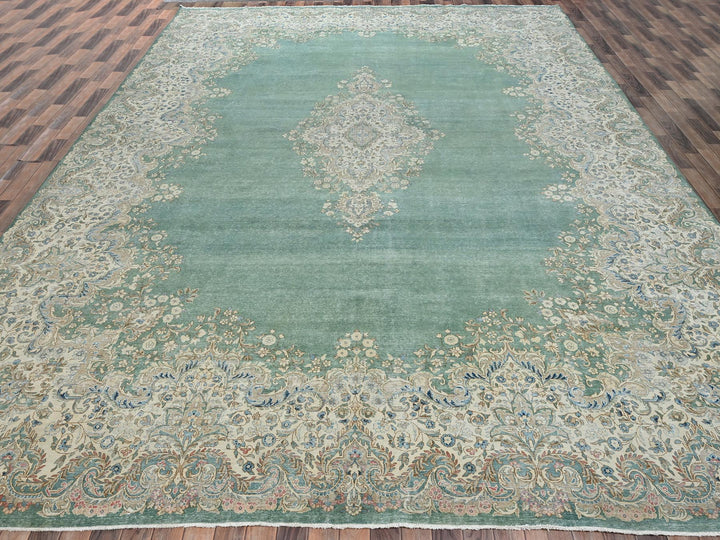 12'3" x 21'2" Vintage Hand Knotted Green Wool Rectangle Oriental Rug - MOA1022538