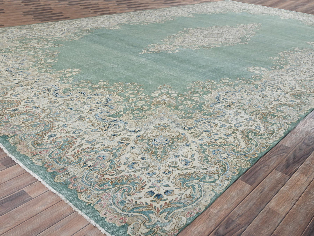 12'3" x 21'2" Vintage Hand Knotted Green Wool Rectangle Oriental Rug - MOA1022538
