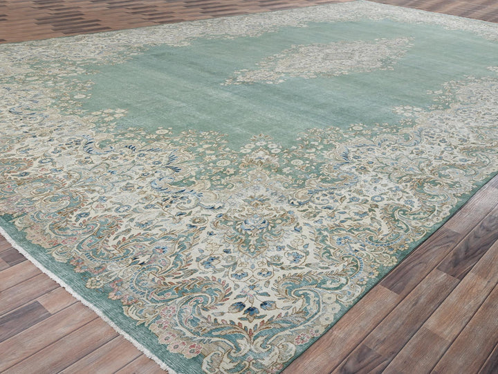12'3" x 21'2" Vintage Hand Knotted Green Wool Rectangle Oriental Rug - MOA1022538