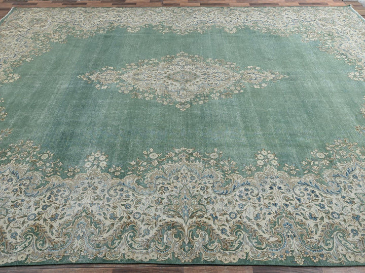 12'3" x 21'2" Vintage Hand Knotted Green Wool Rectangle Oriental Rug - MOA1022538