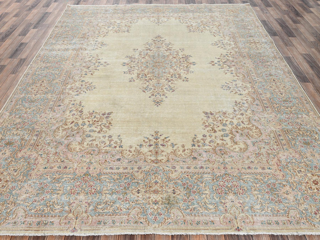 8'7" x 11'10" Vintage Hand Knotted Ivory Wool Rectangle Oriental Rug - MOA1022539