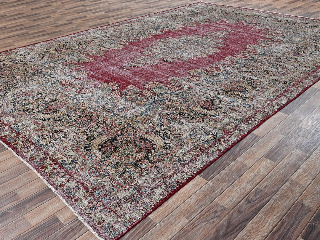 9'9" x 15'3" Vintage Hand Knotted Red Wool Rectangle Oriental Rug - MOA1022542