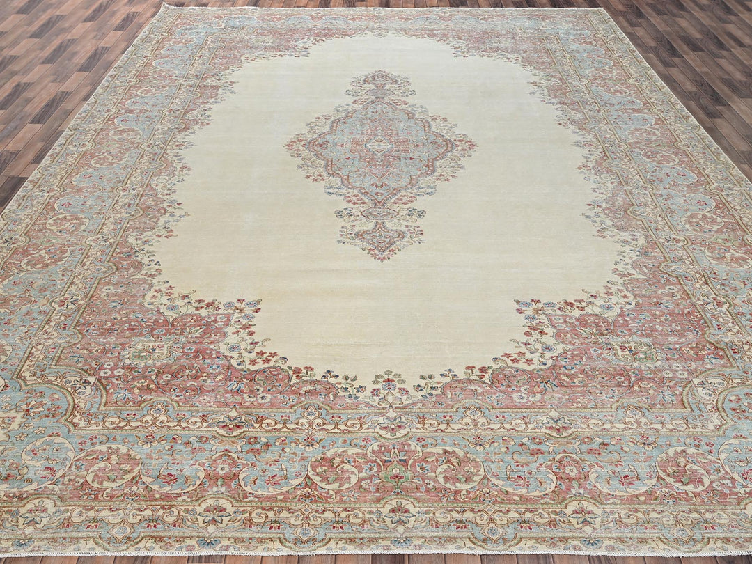 11'8" x 19'5" Vintage Hand Knotted Ivory Wool Rectangle Oriental Rug - MOA1022545