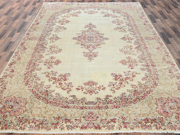 8'5" x 14'5" Vintage Hand Knotted Ivory Wool Rectangle Oriental Rug - MOA1022548