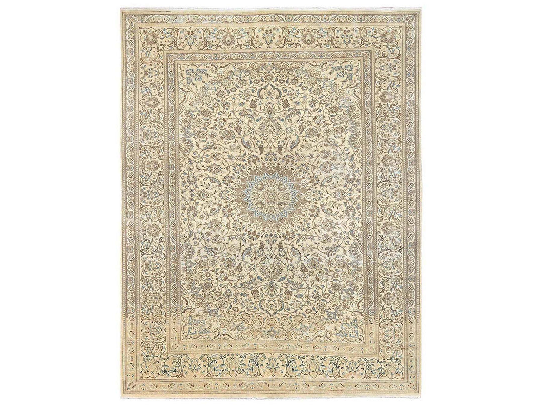 9'7" x 13'3" Vintage Hand Knotted Ivory Wool & Silk Rectangle Oriental Rug - MOA1022556
