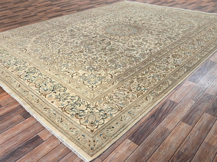 9'7" x 13'3" Vintage Hand Knotted Ivory Wool & Silk Rectangle Oriental Rug - MOA1022556