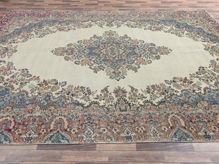 10'2" x 15'10" Vintage Hand Knotted Ivory Wool Rectangle Oriental Rug - MOA1022557