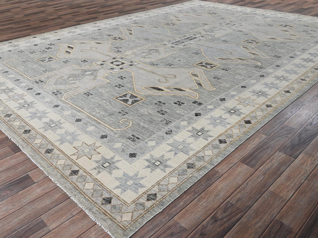 9'9" x 13'10" New Hand Knotted Grey Wool Rectangle Oriental Rug - MOA1022563
