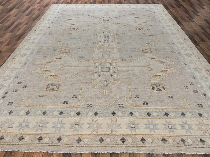 11'6" x 14'10" New Hand Knotted Grey Wool Rectangle Oriental Rug - MOA1022565