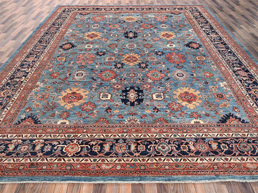 12'1" x 14'9" New Hand Knotted Blue Wool Rectangle Oriental Rug - MOA1022566