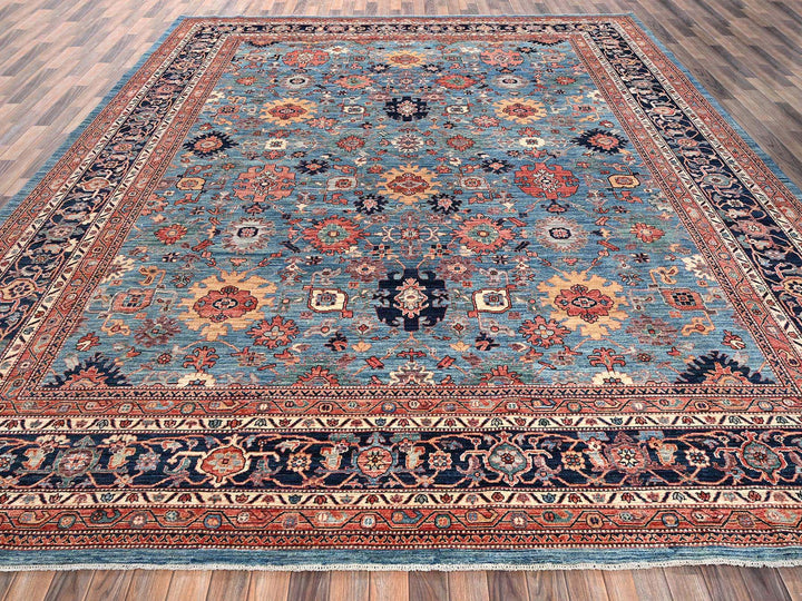 12'1" x 14'9" New Hand Knotted Blue Wool Rectangle Oriental Rug - MOA1022566