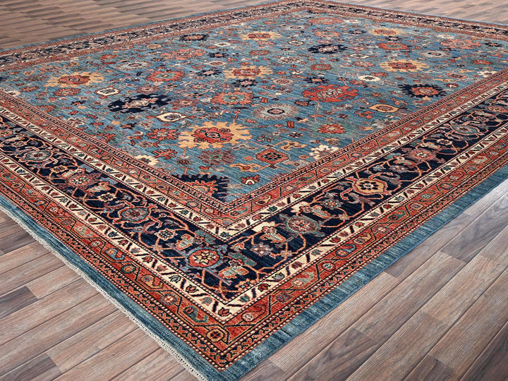 12'1" x 14'9" New Hand Knotted Blue Wool Rectangle Oriental Rug - MOA1022566