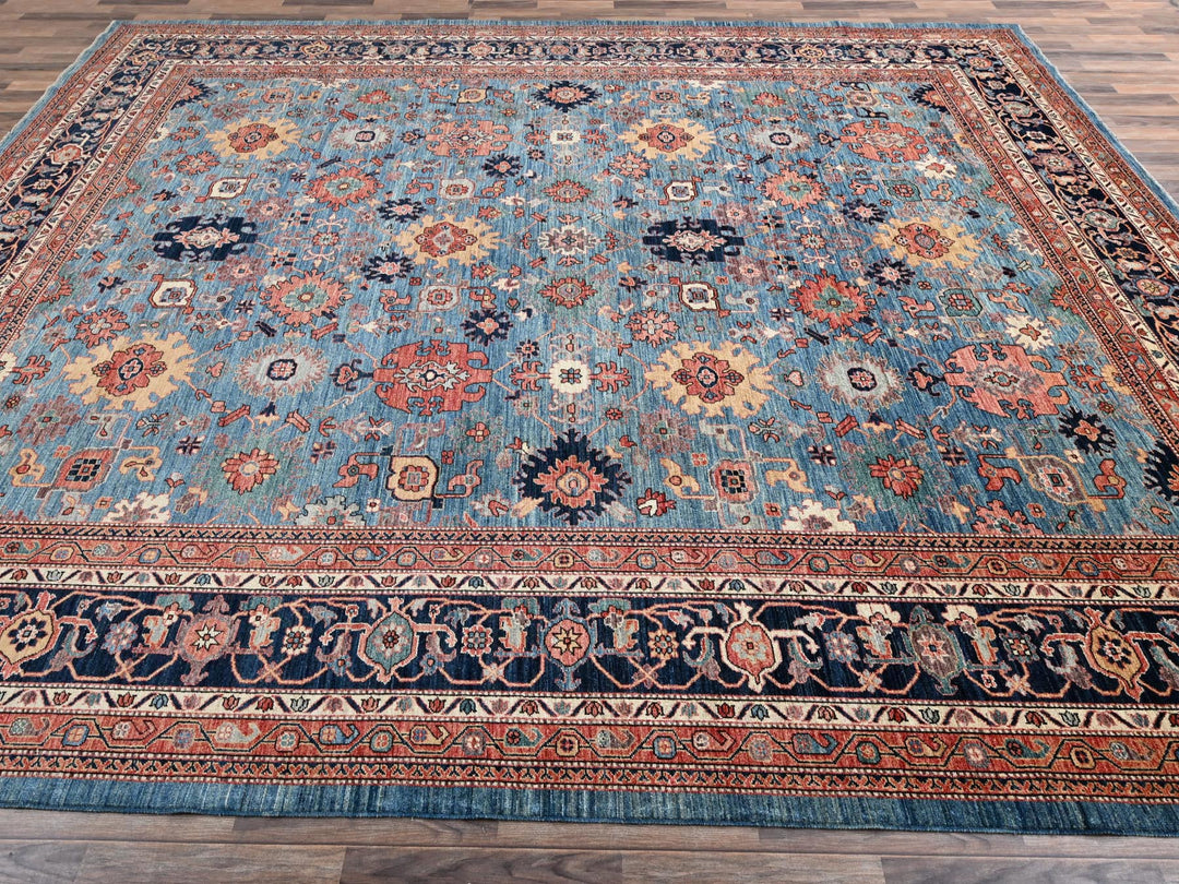 12'1" x 14'9" New Hand Knotted Blue Wool Rectangle Oriental Rug - MOA1022566