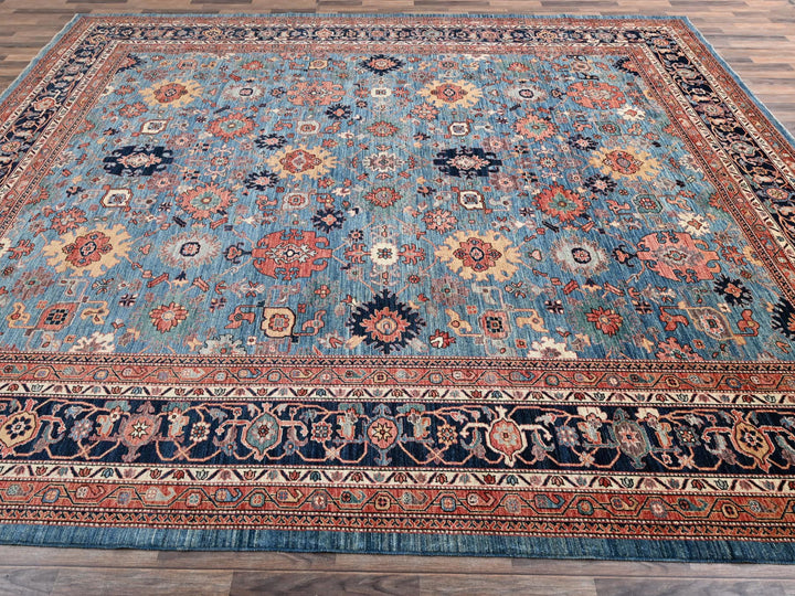 12'1" x 14'9" New Hand Knotted Blue Wool Rectangle Oriental Rug - MOA1022566