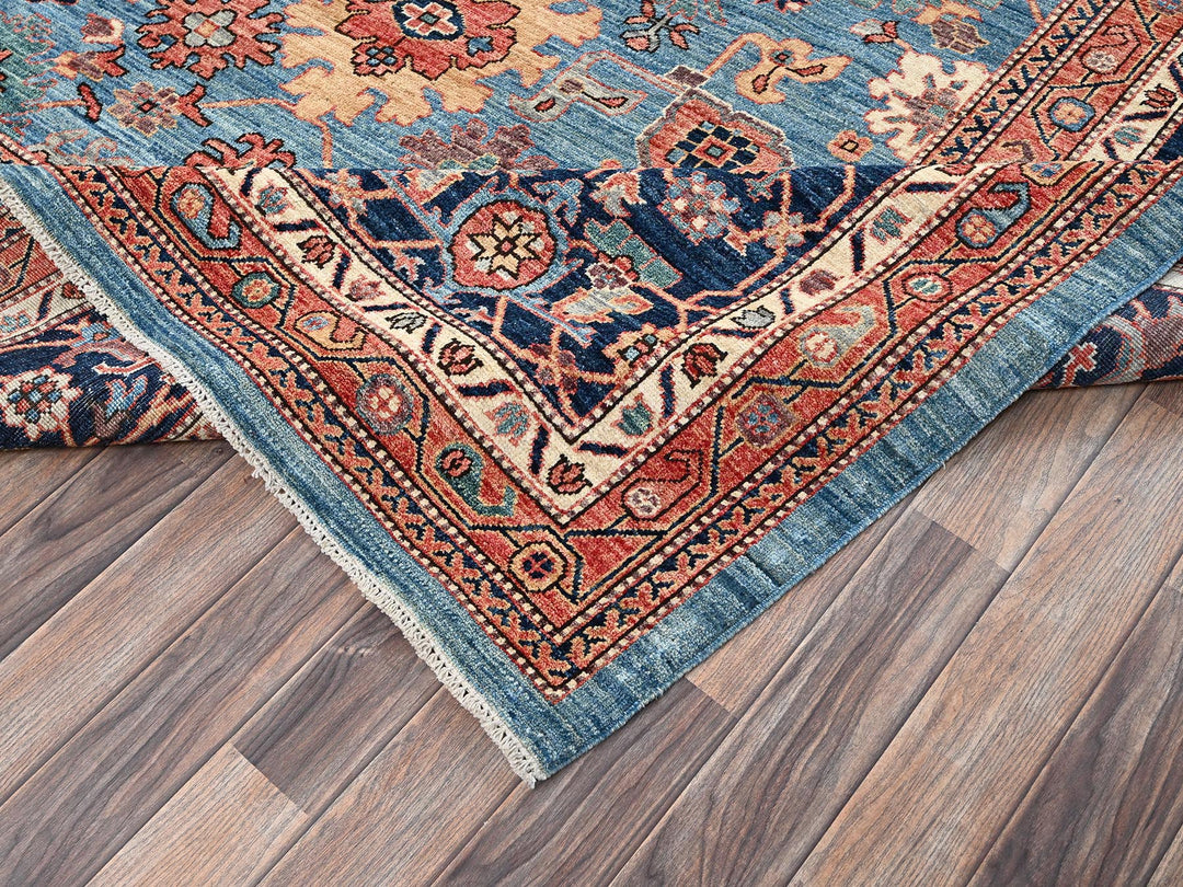 12'1" x 14'9" New Hand Knotted Blue Wool Rectangle Oriental Rug - MOA1022566