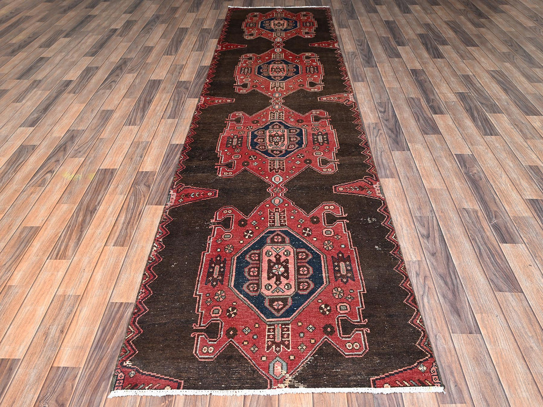 3'0" x 11'6" Vintage Hand Knotted Brown Wool Runner Oriental Rug - MOA1022624