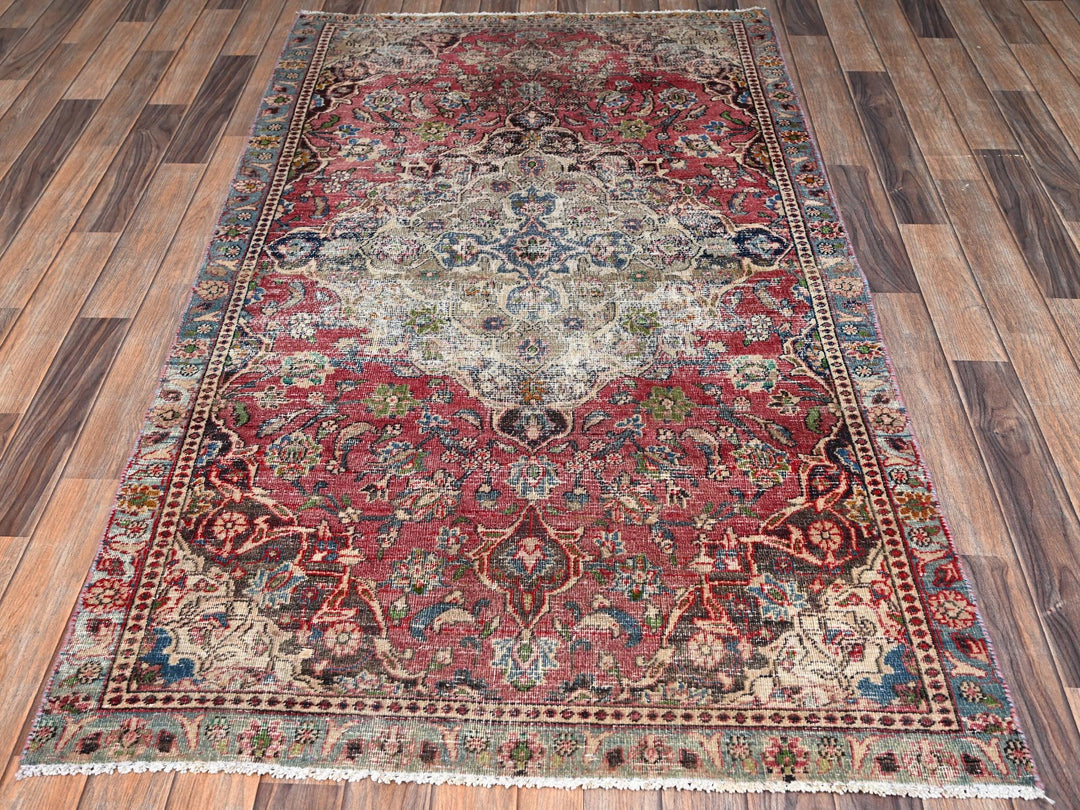 3'9" x 6'7" Vintage Hand Knotted Red Wool Rectangle Oriental Rug - MOA1022628