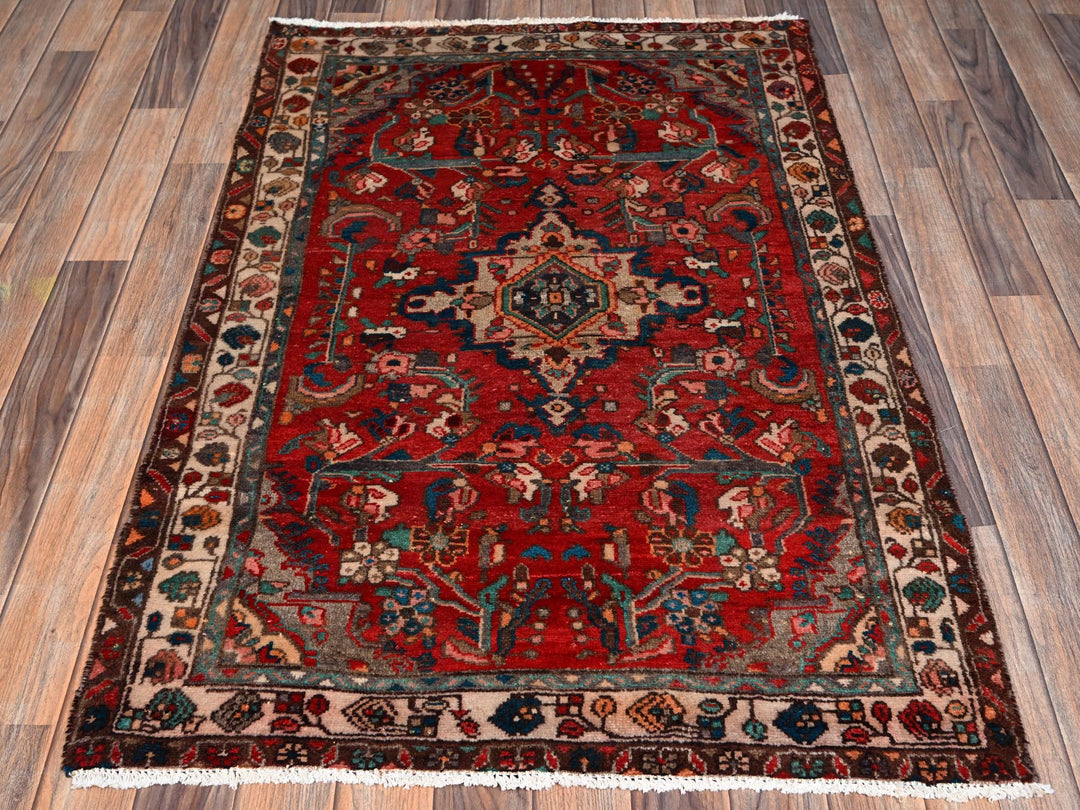 3'2" x 4'9" Vintage Hand Knotted Red Wool Rectangle Oriental Rug - MOA1022634