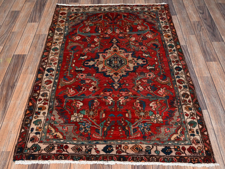 3'2" x 4'9" Vintage Hand Knotted Red Wool Rectangle Oriental Rug - MOA1022634