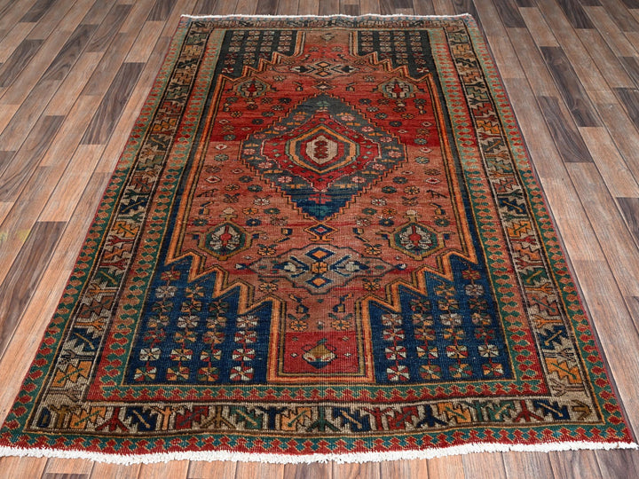 4'4" x 6'11" Vintage Hand Knotted Red Wool Rectangle Oriental Rug - MOA1022639