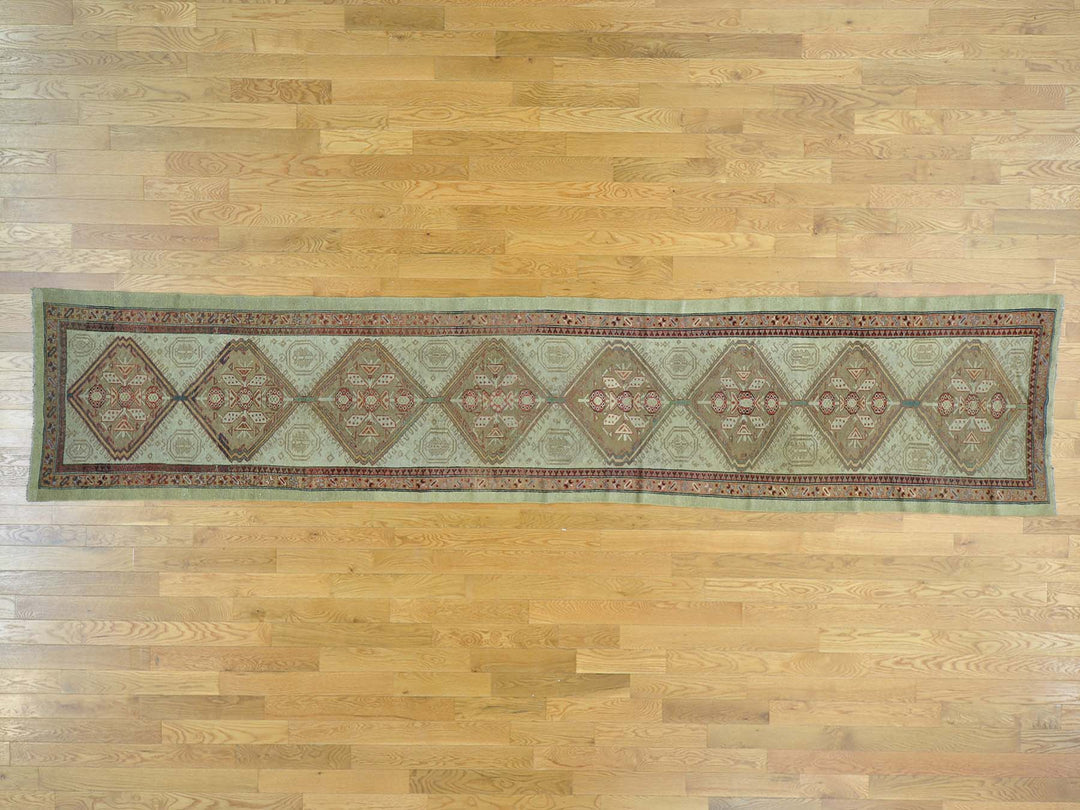3'1" x 14'3" Vintage Hand Knotted Green Wool Runner Oriental Rug - MOA10226424