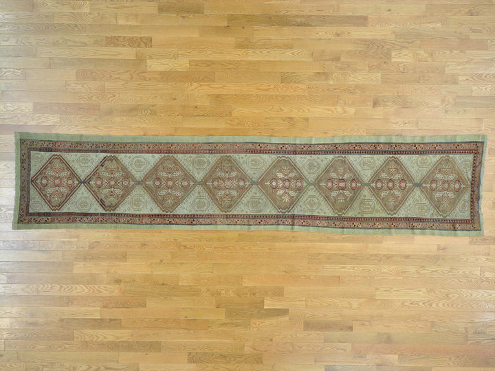 3'1" x 14'3" Vintage Hand Knotted Green Wool Runner Oriental Rug - MOA10226424