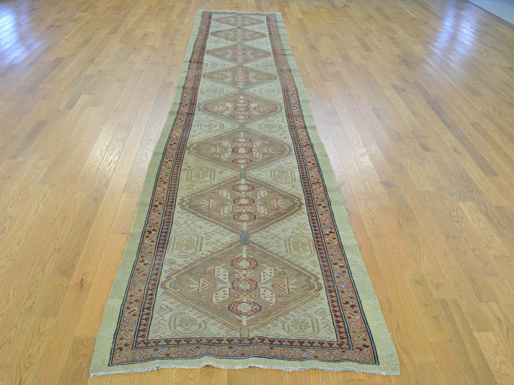 3'1" x 14'3" Vintage Hand Knotted Green Wool Runner Oriental Rug - MOA10226424