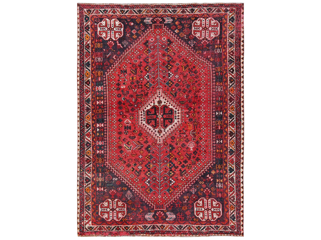 6'11" x 9'7" Vintage Hand Knotted Red Wool Rectangle Oriental Rug - MOA1022642