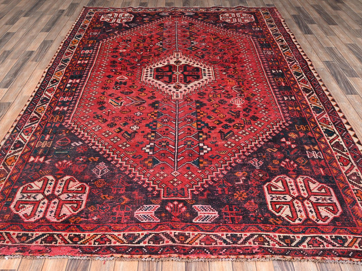 6'11" x 9'7" Vintage Hand Knotted Red Wool Rectangle Oriental Rug - MOA1022642