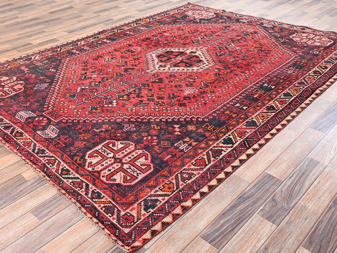 6'11" x 9'7" Vintage Hand Knotted Red Wool Rectangle Oriental Rug - MOA1022642