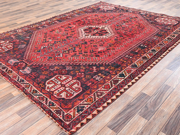 6'11" x 9'7" Vintage Hand Knotted Red Wool Rectangle Oriental Rug - MOA1022642
