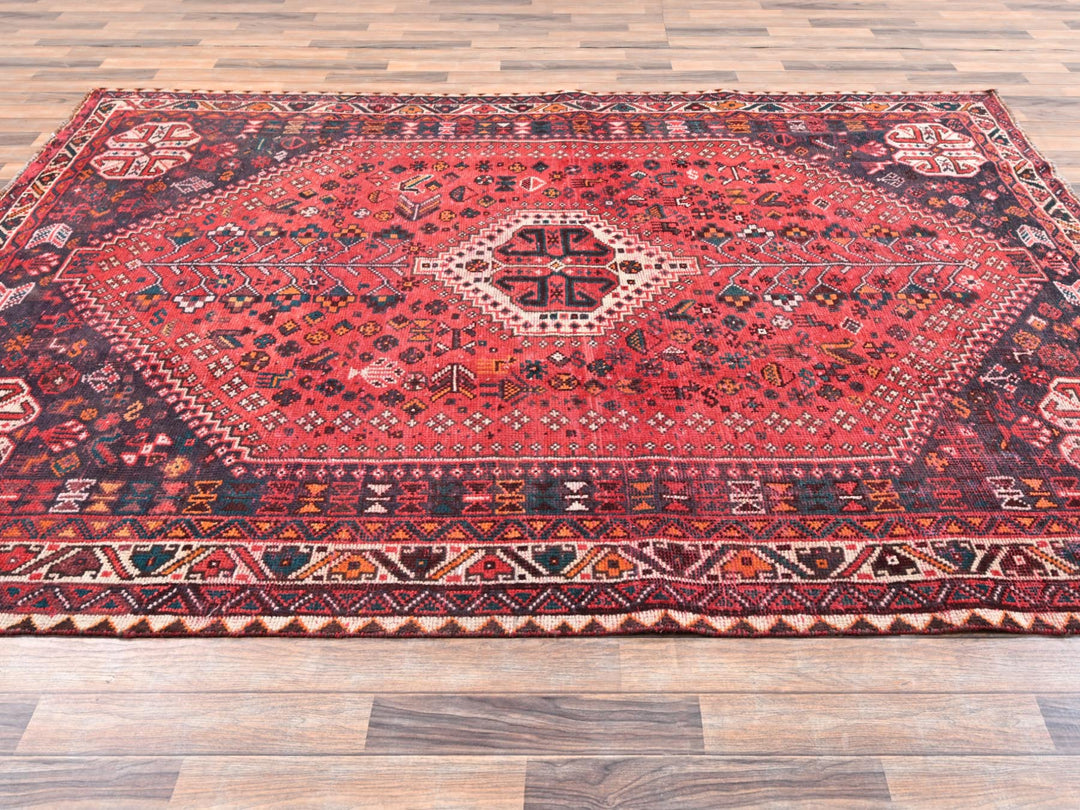 6'11" x 9'7" Vintage Hand Knotted Red Wool Rectangle Oriental Rug - MOA1022642